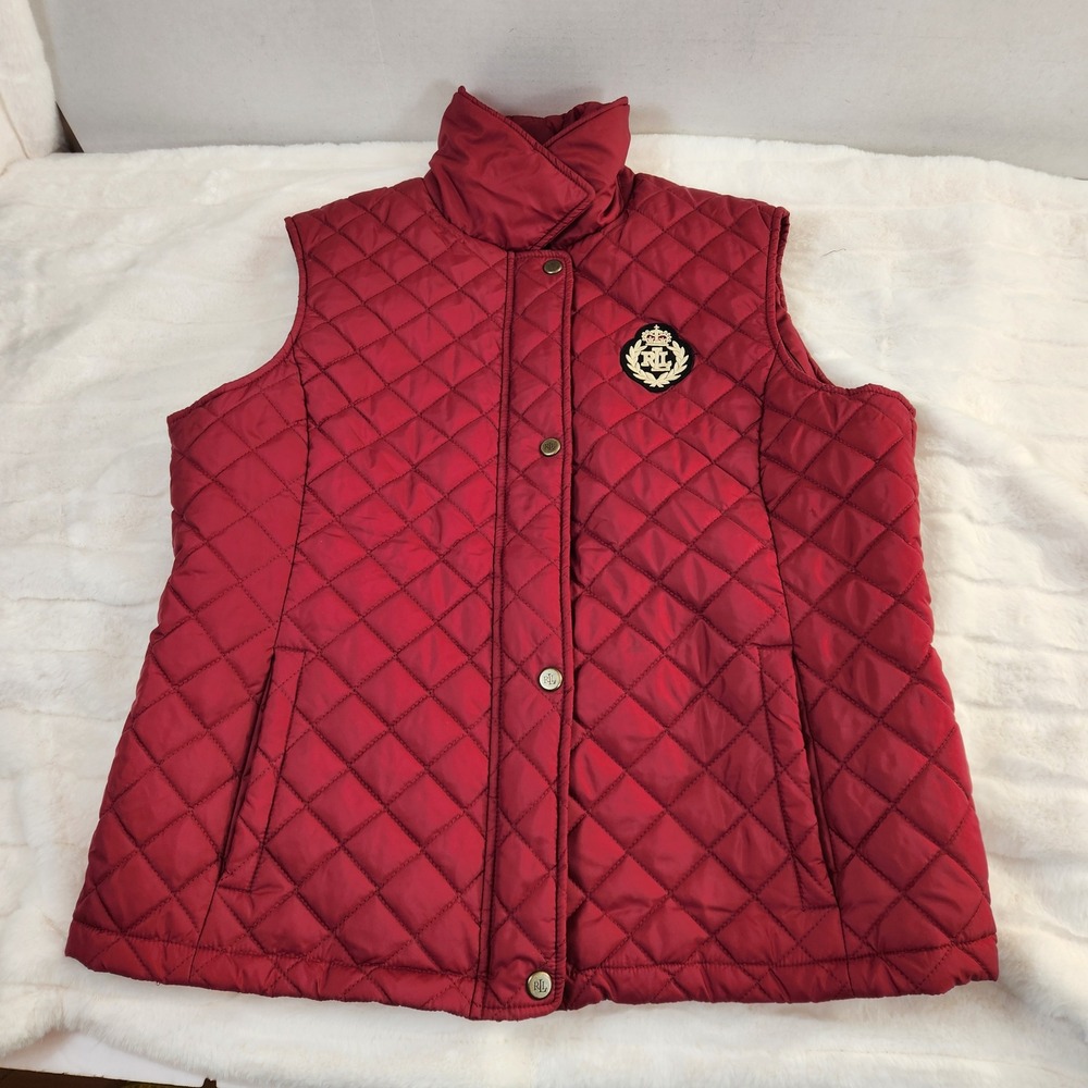 Lauren Ralph Lauren Womens Red Quilted Crest Puffer Vest Size Large Preppy Top L